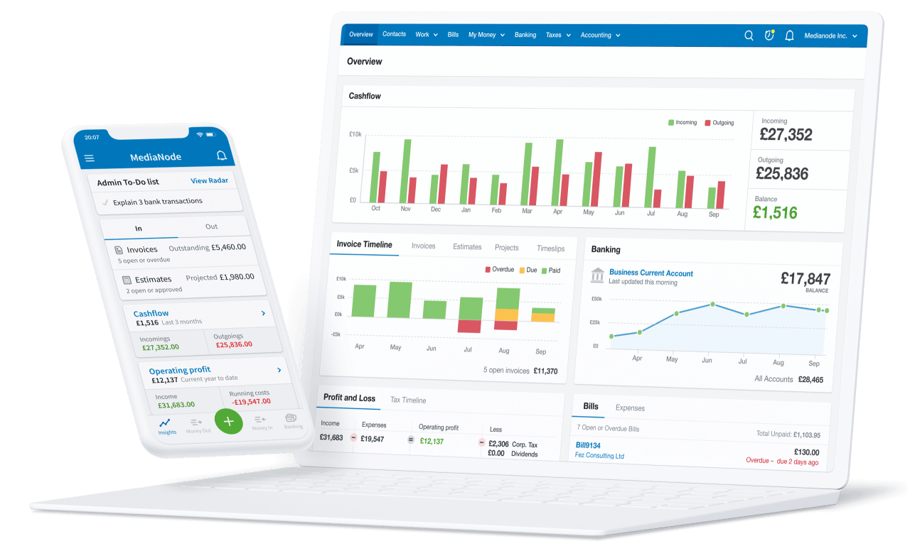 Mobile phone and laptop displaying the FreeAgent application.