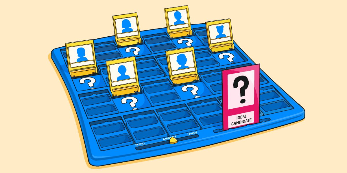 Illustration of a "Guess Who" board game where the player is looking for someone called 'ideal candidate'.